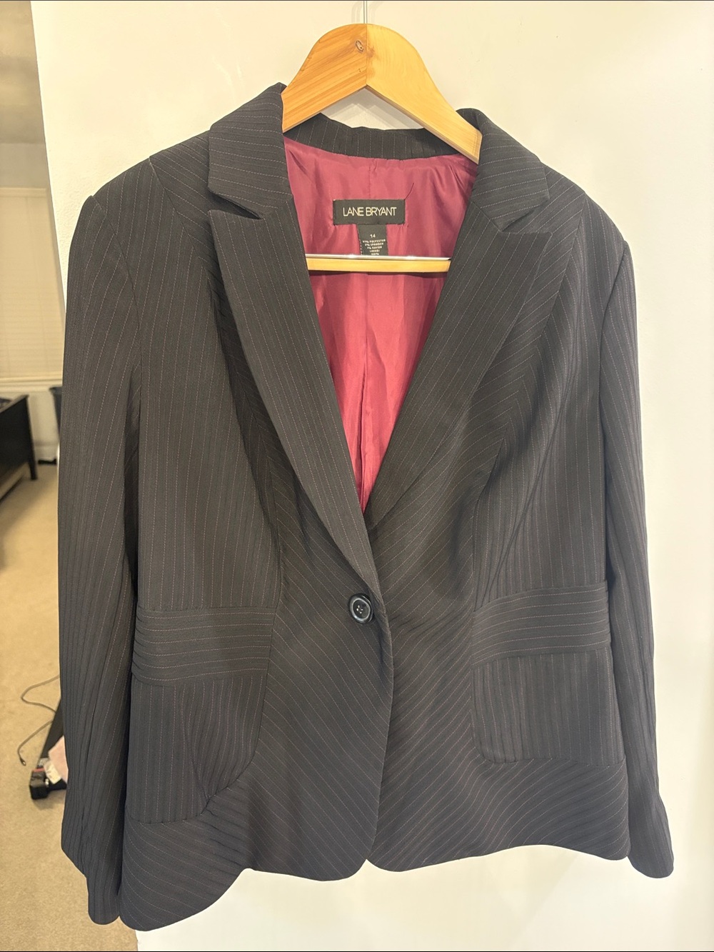 Lane Bryant Black Pinstripe Blazer with Pink Lining